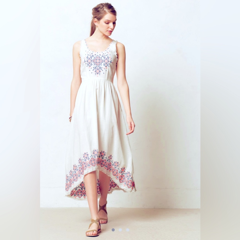 Anthropologie Holding Horses White Embroidered Cissie Midi Dress Size 6